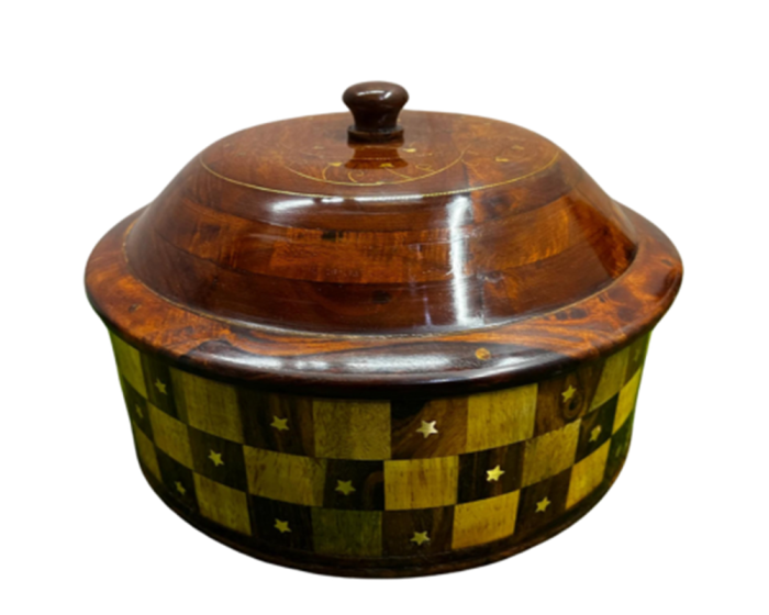 HAND-MADE WOODEN HOTPOT WITH BRASS & CARVING WORK | home accessories online | home accessories store