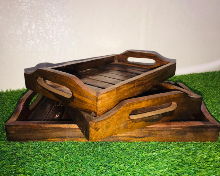 Set of 3 Wooden Serving Tray groves style | kitchen utensils online pakistan | kitchen accessories in lahore